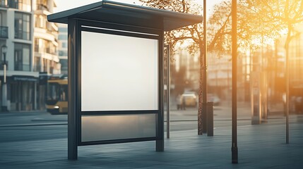 Empty Bus Shelter with Illuminated Blank Advertisement Display in Modern City Center : Generative AI