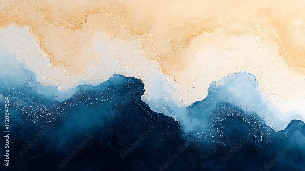 Poster Abstract Blue Ocean Waves with White and Beige Textured Patterns in Art : Generative AI