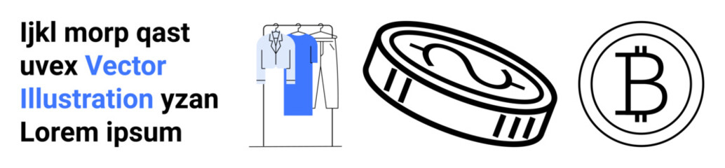 Clothes hanging on rack, currency coin with dollar symbol, cryptocurrency Bitcoin symbol, and lorem ipsum text. Ideal for financial topics, e-commerce, tech, blockchain, virtual economy fashion