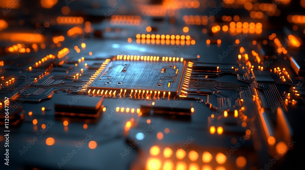 Aufkleber dark futuristic circuit board with dim orange accents and microchip details : generative ai