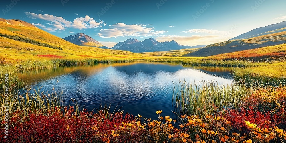 Poster alaskan wilderness with alpine lake and majestic mountain range in autumn : generative ai