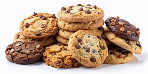 A mouthwatering selection of cookies against a white backdrop&mdash;ideal for food photography, baking motivation, dessert inspiration, and showcasing culinary creativity. Perfect for any occasion.
