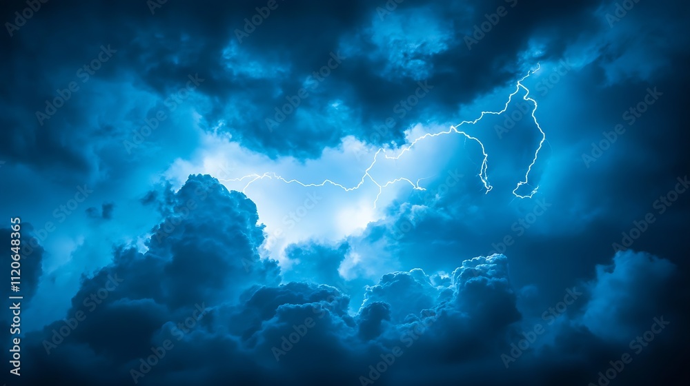 Aufkleber storm clouds with brilliant lightning illuminating dark blue sky in thunderous night scene : generat
