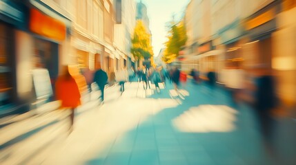 Fototapeta premium Blurry City Street with Sunlit Autumn Colors and Dynamic Pedestrian Movement : Generative AI