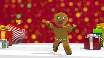 Happy dancing Gingerbread man on white surface with gift boxes against defocused red lights background. 3D Illustration