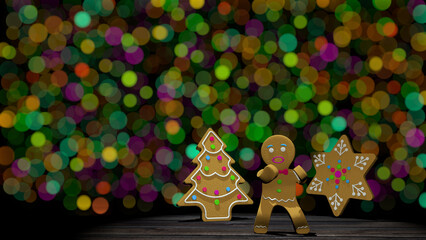 Dancing gingerbread man next to gingerbread cookies in tree and star shape on wooden table. 3D Illustration