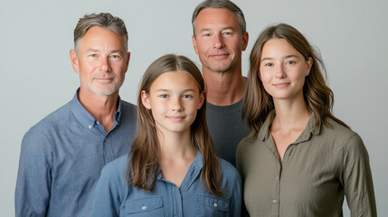 Obraz premium Caucasian family portrait with two mature men and two young females smiling