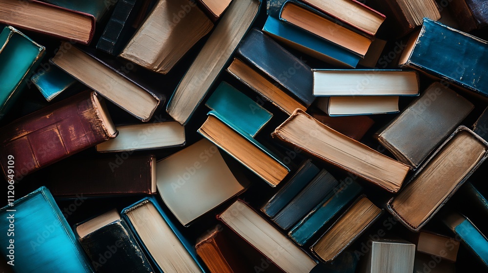 Poster vintage books stacked in a cozy library setting : generative ai