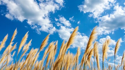 Obraz premium Tall golden grasses reaching for blue skies with fluffy white clouds : Generative AI