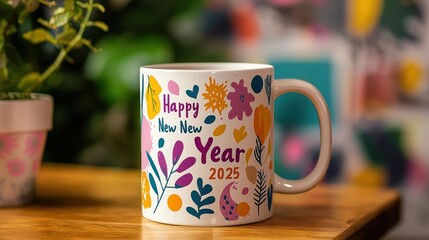 A coffee mug with a "Happy New Year 2025" design printed in vibrant colors on the side.