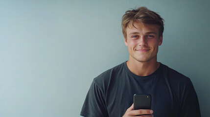 Fototapeta premium Caucasian young adult male smiling with smartphone against blue background
