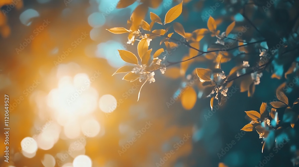 Poster golden autumn leaves in warm sunlight with bokeh background effect : generative ai