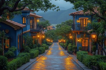 Serene Urban Night Scene in Johor Bahru Malaysia with Colonial Architecture and Lush Green Hedges