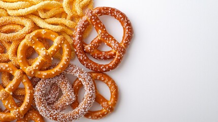Fototapeta premium Variety of salted pretzels close-up, crisp texture, light salt granules, clean white backdrop, casual snack theme