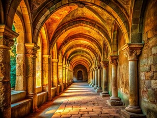 Obraz premium Ancient stone hallway adorned with arches and columns, showcasing captivating documentary photography of historic architecture and heritage sites, evoking a timeless and mysterious atmosphere.