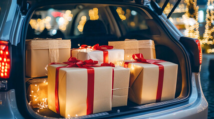 Car trunk filled with wrapped holiday gifts and decorative lights