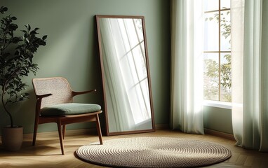 Minimalist Modern Living Room Corner with Green Walls and Wicker Chair