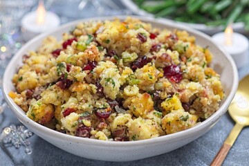 Cranberry pecan cornbread dressing for poultry or meat stuffing, in bowl, horizontal closeup