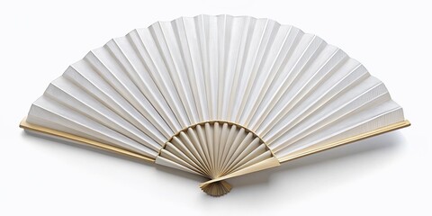 An elegant white hand fan unfolds gracefully against a clean white backdrop, showcasing delicate pleats and a stylish handle, ideal for conceptual photographic themes.