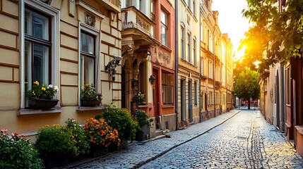 Fototapeta premium Sunlit cobblestone street in a historic European city.