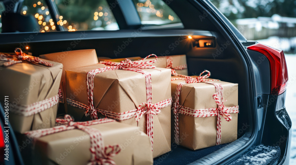 Wall mural Car trunk filled with wrapped gifts for holiday celebration