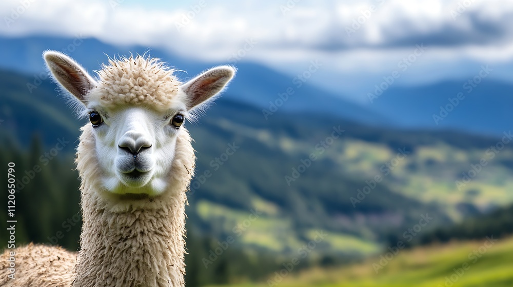 Poster adorable alpaca closeup with scenic mountain view behind : generative ai