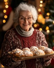 Naklejka premium Elderly woman holding a tray of Christmas bread for her family