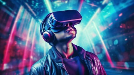 Man in VR headset immersed in a futuristic virtual reality environment with glowing neon lights
