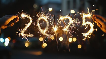2025" written in sparklers during a midnight celebration.