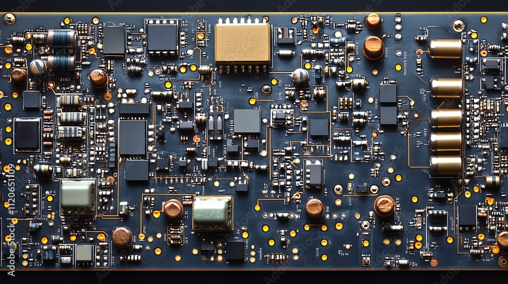 Poster Advanced electronic circuit board with golden and copper components : Generative AI