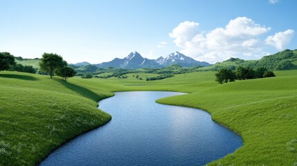 Serene landscape with mountains, river, and lush greenery.