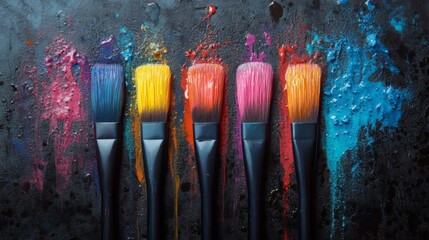Artistic paintbrushes coated with splashes of vibrant and bold colors