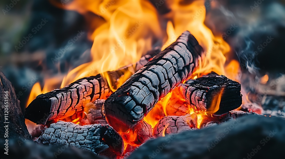 Poster vibrant flames and charred firewood creating cozy outdoor setting : generative ai