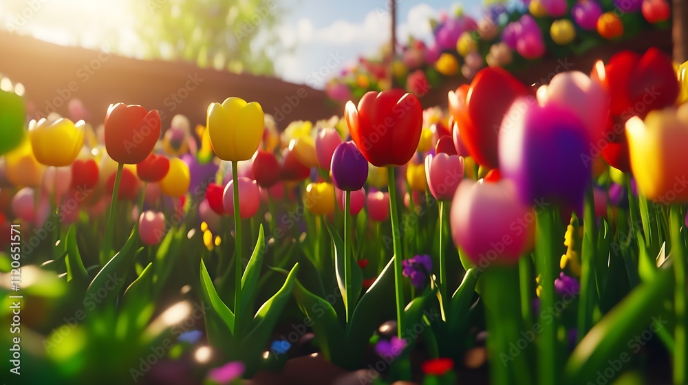 Poster Sunlit Spring Garden with Tulips of Various Colors in Bloom : Generative AI