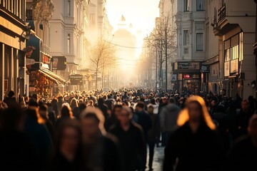 Obraz premium Vibrant City Street Scene with People Walking in Historical Downtown Area : Generative AI