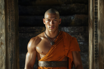 Fototapeta premium Powerful portrait of a Thai monk in traditional orange robe with intense expression and dramatic lighting