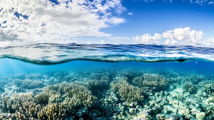 Naklejka premium Pristine Coral Reef Ecosystem Viewed from Above with Clear Blue Skies and Ocean Horizon : Generative AI