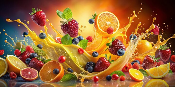 An eye-catching juice splash artwork showcasing vibrant citrus colors, fresh fruits, and refreshing liquid motion, blending artistic drink photography with abstract expressions of flavor.