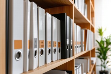 Fototapeta premium Organized shelf of office binders and documents in modern workplace with natural lighting and wooden shelves