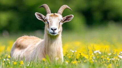 Serene Goat Relaxing Among Wildflowers Capturing the Charm of Rural Life : Generative AI