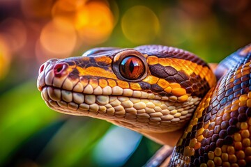 Fototapeta premium An intimate close-up of a Python snake highlights its enchanting eyes set against a blurred background, perfectly illustrating captivating candid photography in breathtaking 4K resolution.