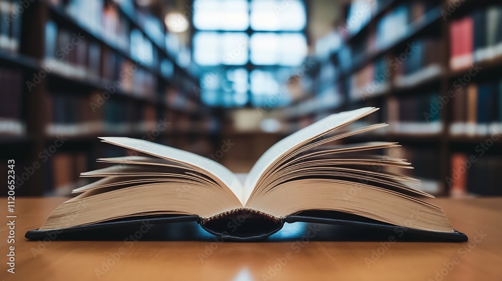 Poster open book on library desk evoking curiosity and thoughtful study in academic environment : generativ