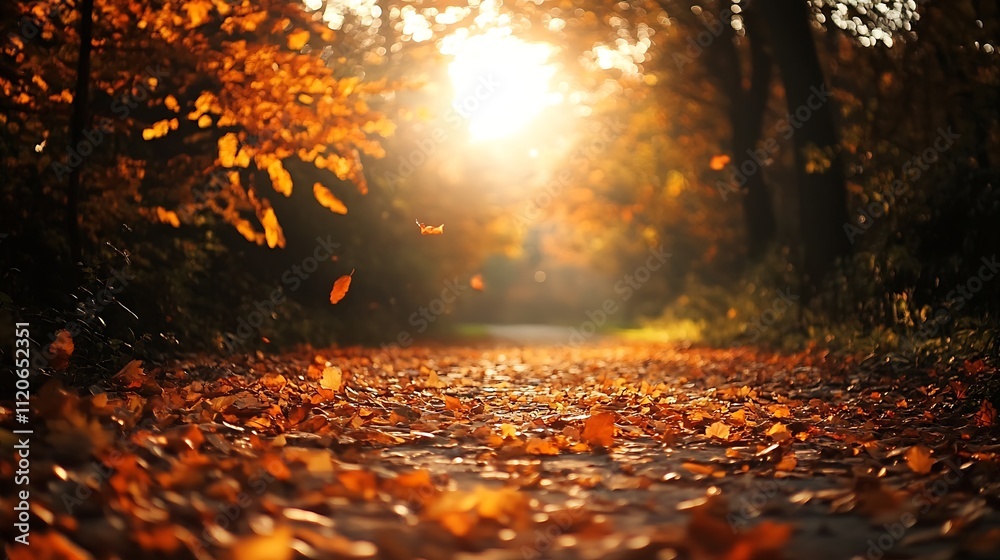 Poster autumn sunlit pathway covered in golden fallen leaves in tranquil forest setting : generative ai