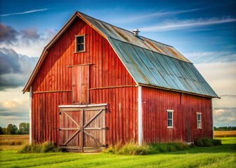 Obraz premium An isolated red barn, weathered and adorned with a metal roof, contrasts against a pristine white background, beautifully depicted in panoramic photography showcasing countryside allure.