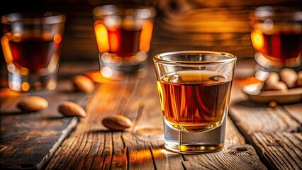 Close-up shot of an Amaretto shot in a glass on a background with selective focus , Amaretto, shot, liquor, alcoholic