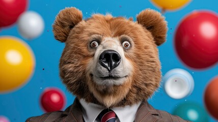 Surprised Bear in Suit with Balloons