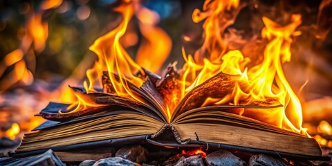 An old book engulfed in flames, symbolizing the tragic destruction of knowledge; the raw beauty of candid photography captures the intensity and drama of this moment.