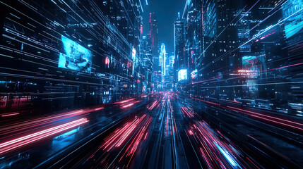 A vibrant and dynamic urban scene captured at night, showcasing a futuristic cityscape. The image depicts a wide street viewed from a low angle, where streaks of white and red light blur together, sug