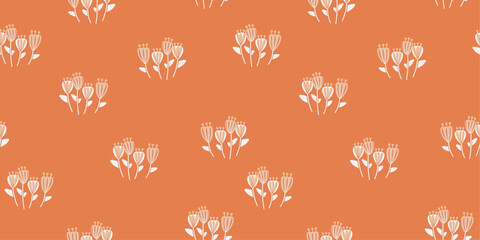 Simple Cute Floral Vintage Seamless Pattern with Petals Stems and Leaves