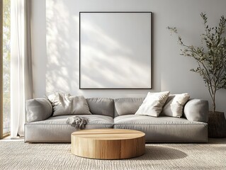 Minimalist Living Room Scene with Gray Sofa and Wooden Coffee Table Natural Light Scandinavian Design Mockup